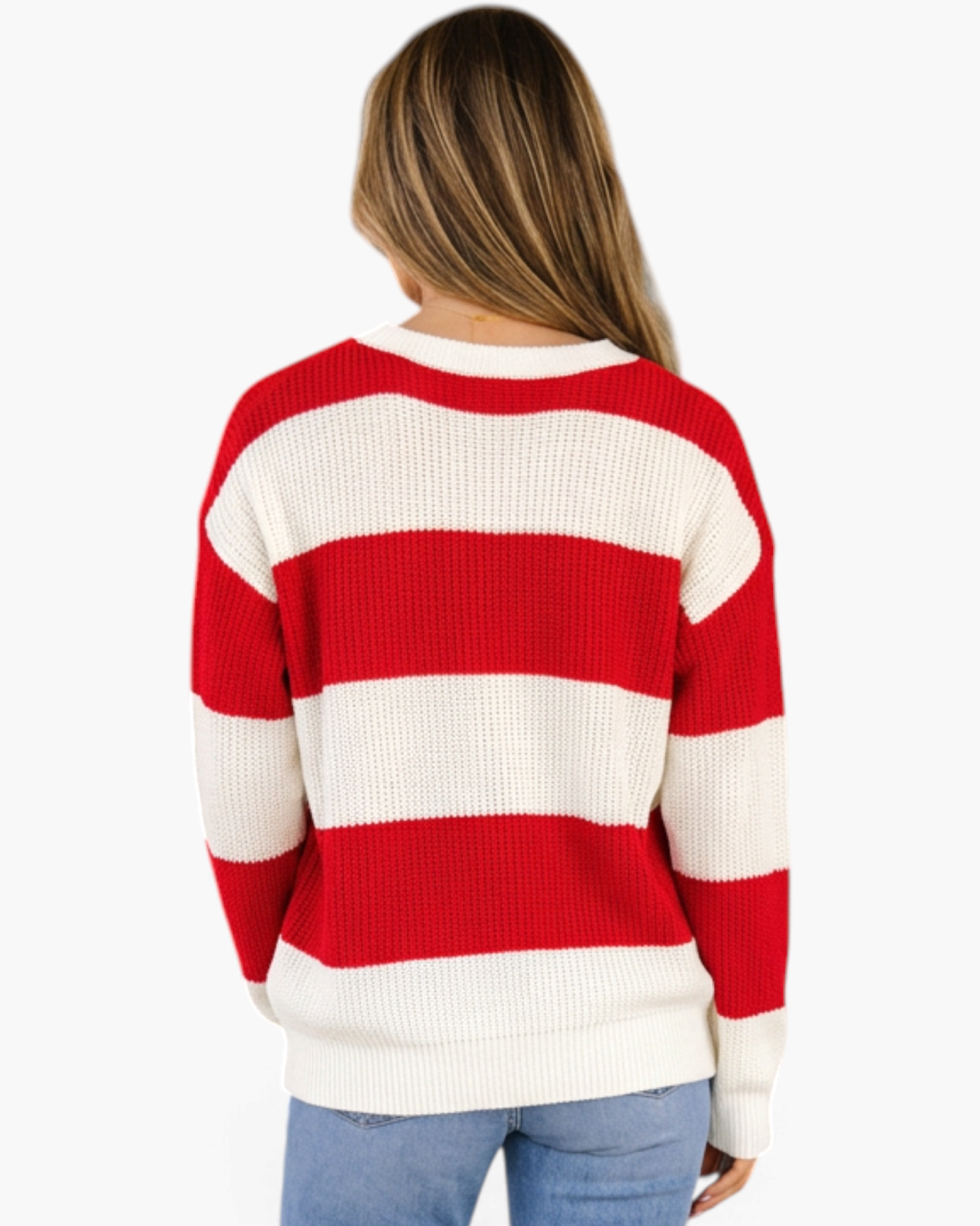 Back view of a Beach Rose Co. red and cream striped textured knit crewneck sweater with a relaxed fit.
