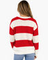 Back view of a Beach Rose Co. red and cream striped textured knit crewneck sweater with a relaxed fit.