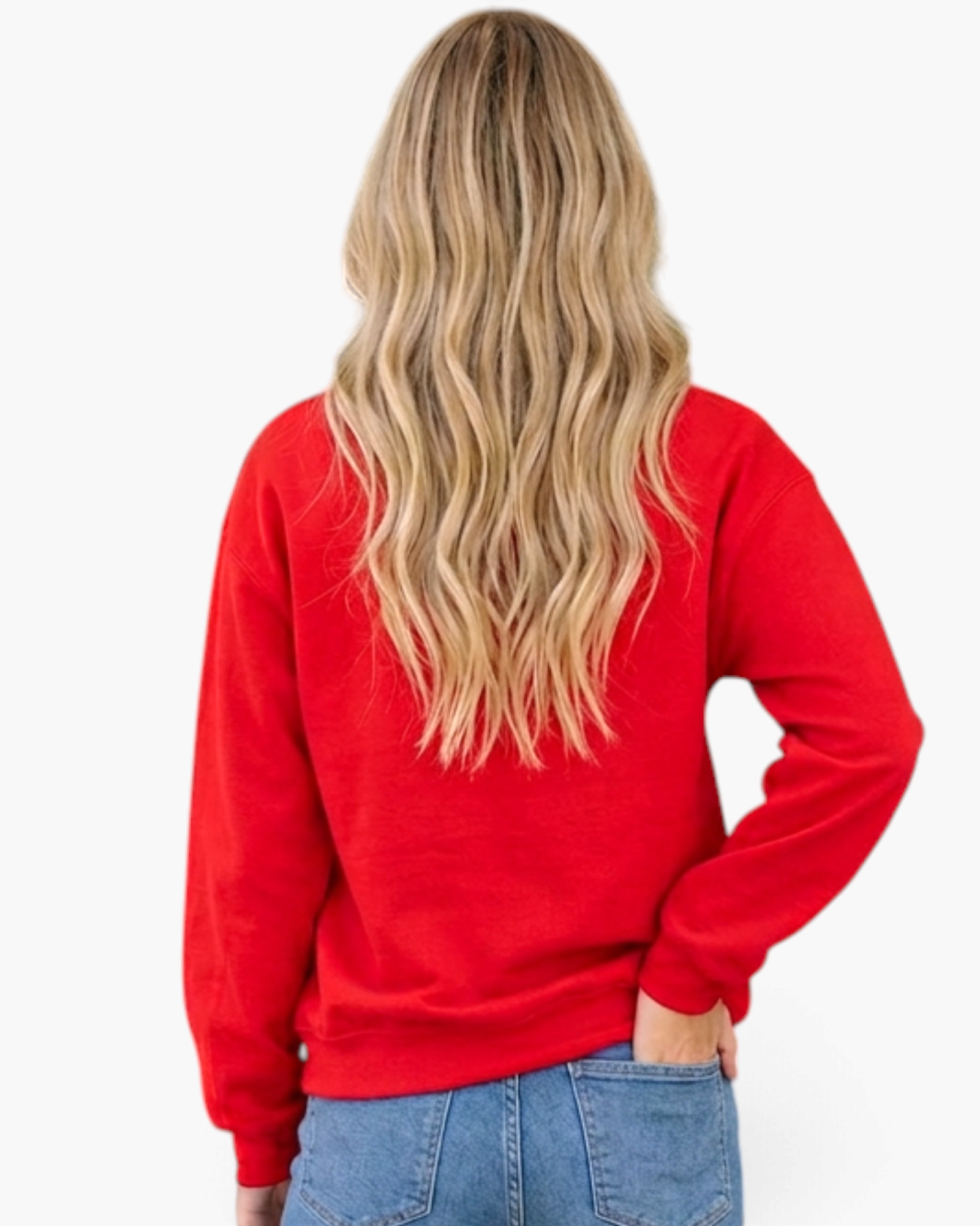 Beach Rose Co. red crewneck sweatshirt worn by a woman with long blonde hair, back view showing relaxed fit