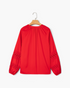 Beach Rose Co. red blouse with long billowy sleeves featuring intricate crochet openwork panels, back view.