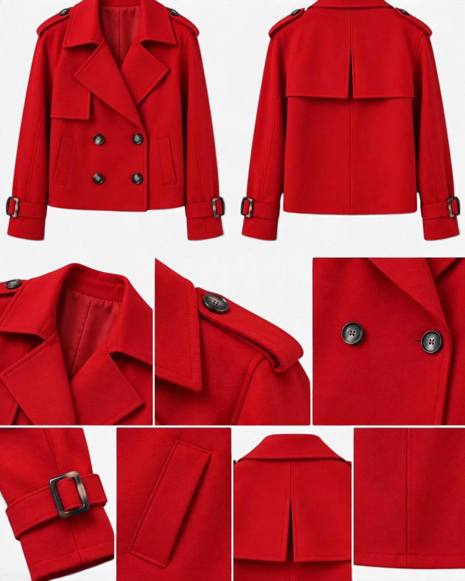 Beach Rose Co. red cropped double-breasted trench jacket with wide lapels, shoulder tabs, and buckled cuff straps.