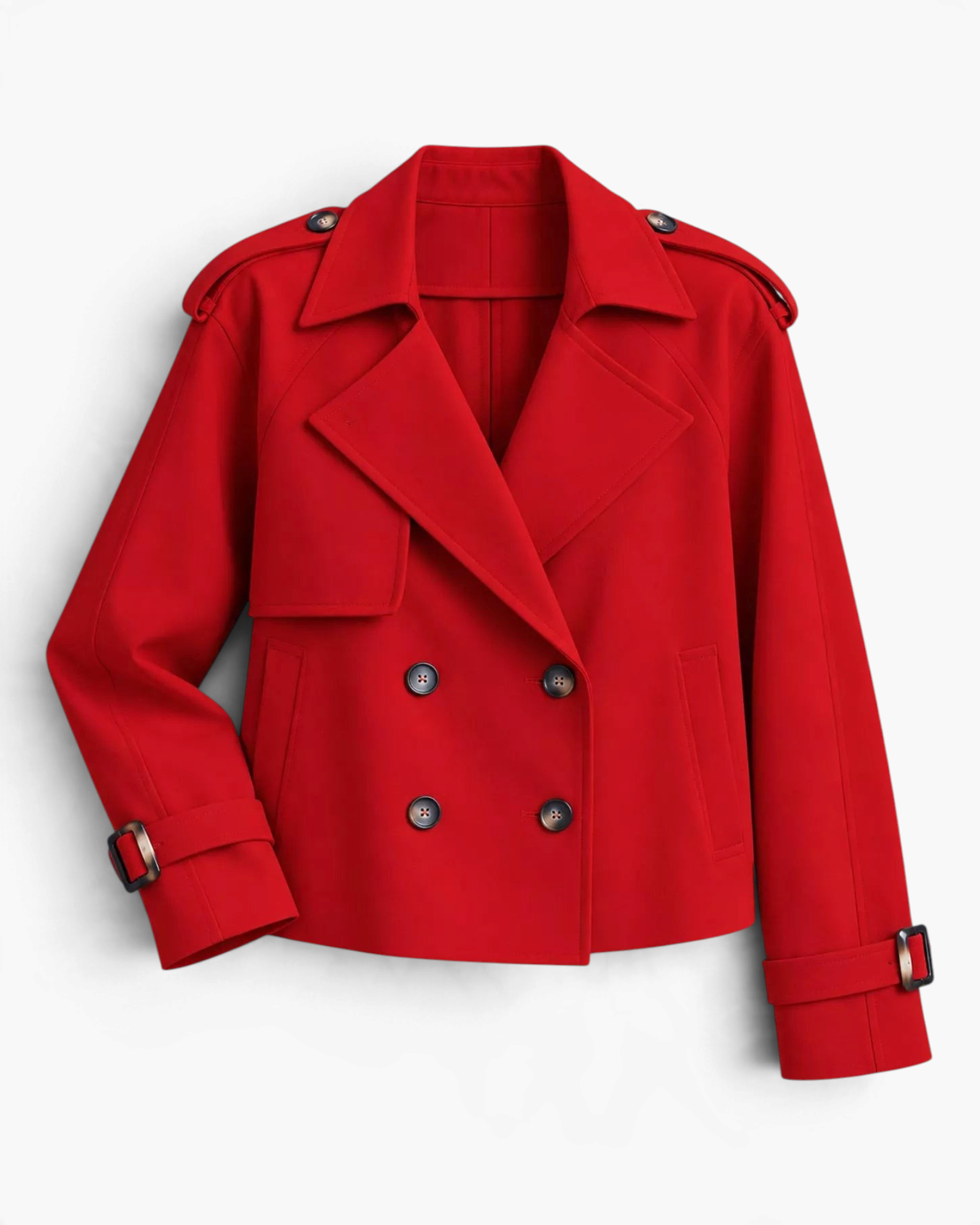 Beach Rose Co. red cropped double-breasted trench jacket with wide lapels, shoulder tabs, and buckled cuffs.