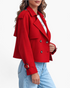Beach Rose Co. red cropped double-breasted trench jacket with wide lapels, shoulder tabs, and buckled cuffs.
