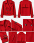 Beach Rose Co. red cropped double-breasted trench jacket with wide lapels, shoulder tabs, and buckled cuff straps.