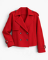Beach Rose Co. red cropped double-breasted trench jacket with wide lapels, shoulder tabs, and buckled cuffs.