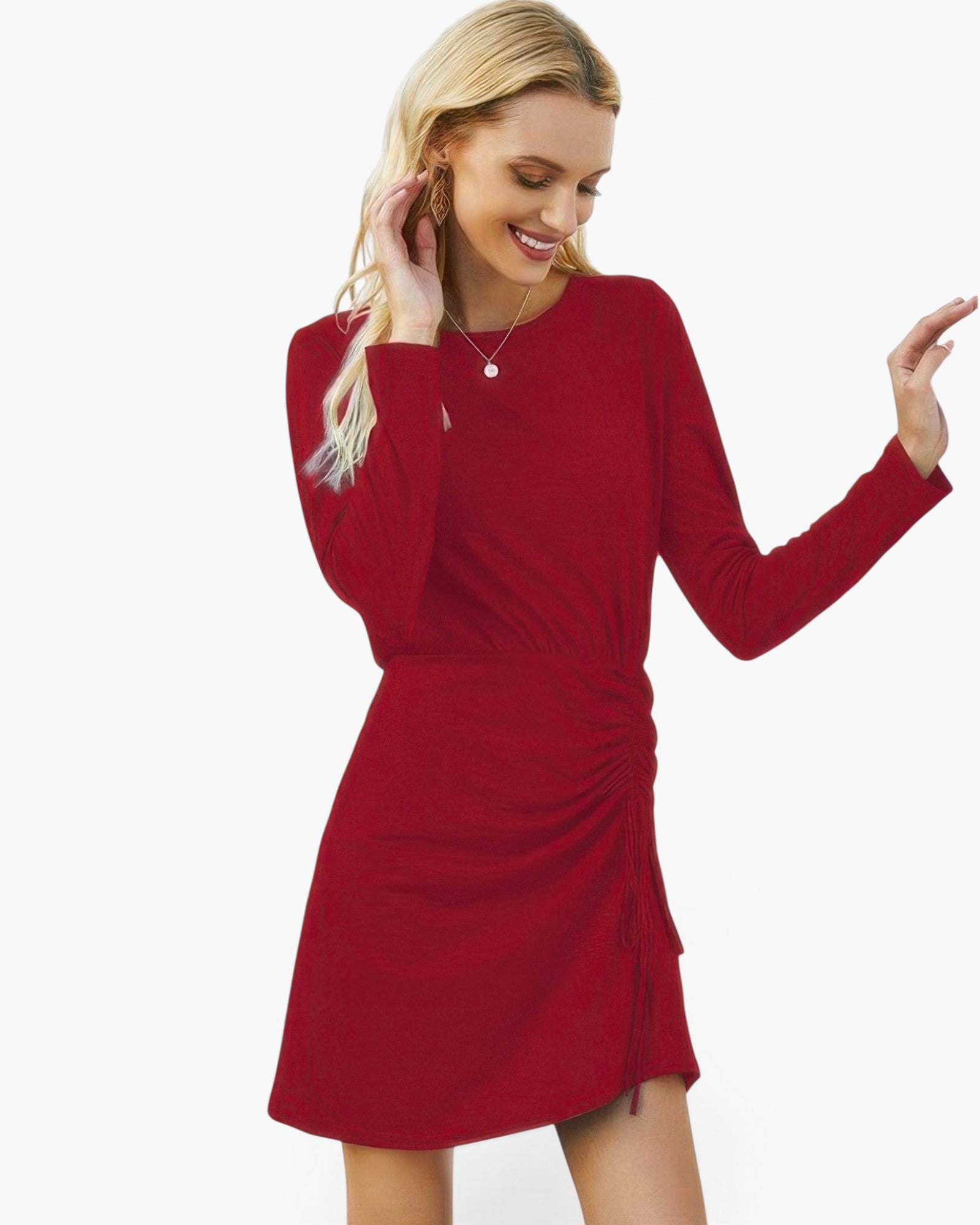 Beach Rose Co. red long-sleeve crew neck dress with a high waist drawstring detail worn by a smiling blonde model.