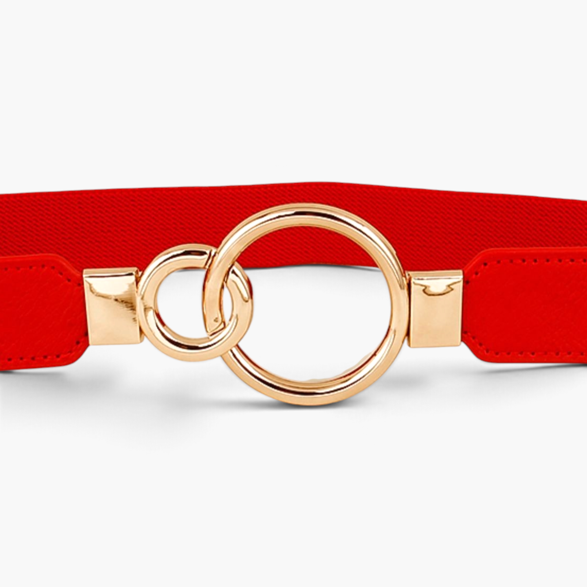 Beach Rose Co. red elastic waist belt featuring an asymmetric gold double-ring buckle and stitched PU leather tabs.