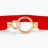 Beach Rose Co. red elastic waist belt featuring an asymmetric gold double-ring buckle and stitched PU leather tabs.