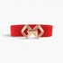 Beach Rose Co. red elastic waist belt featuring a gold-tone geometric double diamond buckle with ridged center detail.