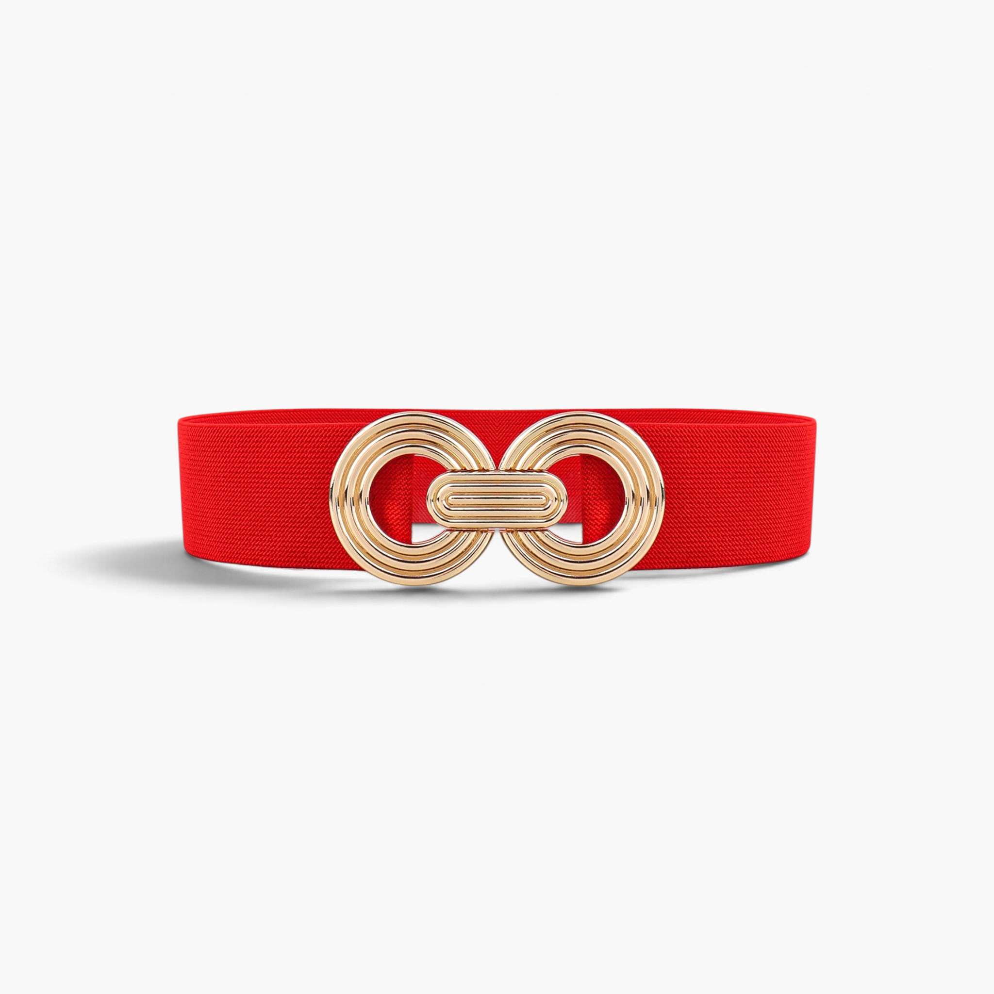Beach Rose Co. red elastic waist belt featuring a gold-tone double-circle alloy buckle with ridged detailing.