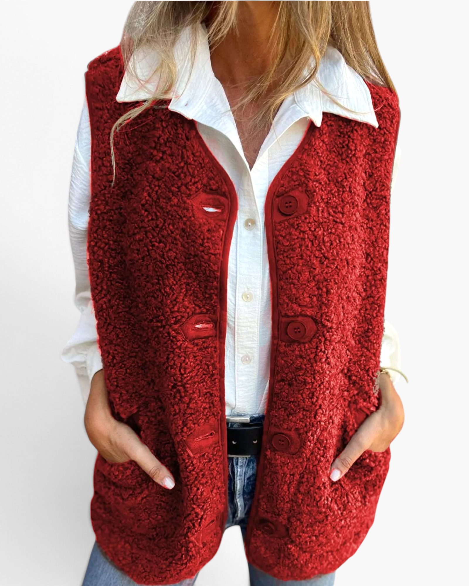 Beach Rose Co. red polar fleece button-front vest with patch pockets worn over a white shirt and jeans