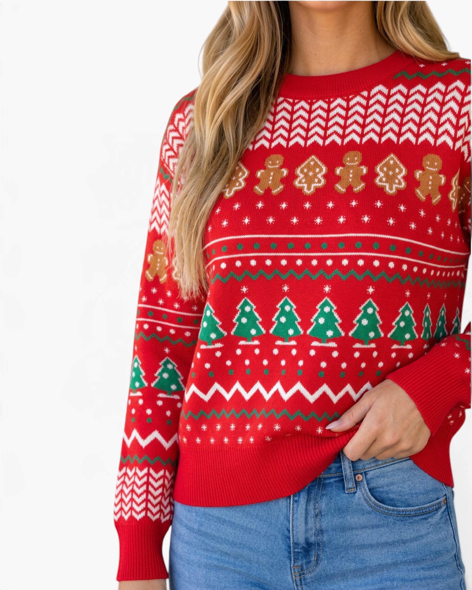 Beach Rose Co. red knit holiday sweater featuring gingerbread men, Christmas trees, and geometric patterns.