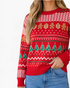 Beach Rose Co. red knit holiday sweater featuring gingerbread men, Christmas trees, and geometric patterns.