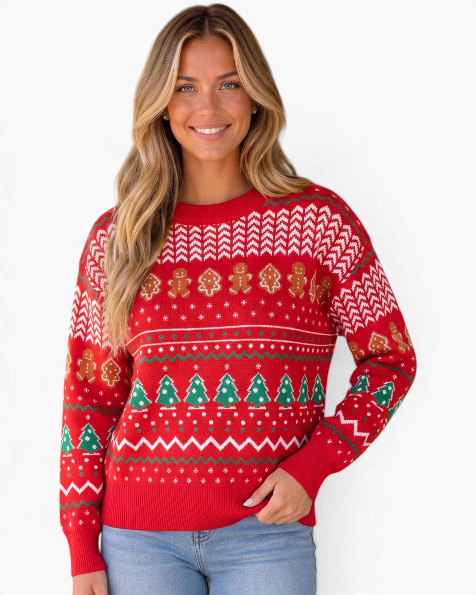 Beach Rose Co. red knit sweater featuring gingerbread men and Christmas tree patterns with a ribbed crewneck