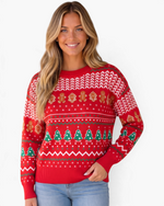 Beach Rose Co. red knit sweater featuring gingerbread men and Christmas tree patterns with a ribbed crewneck