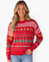 Beach Rose Co. red knit sweater featuring gingerbread men and Christmas tree patterns with a ribbed crewneck