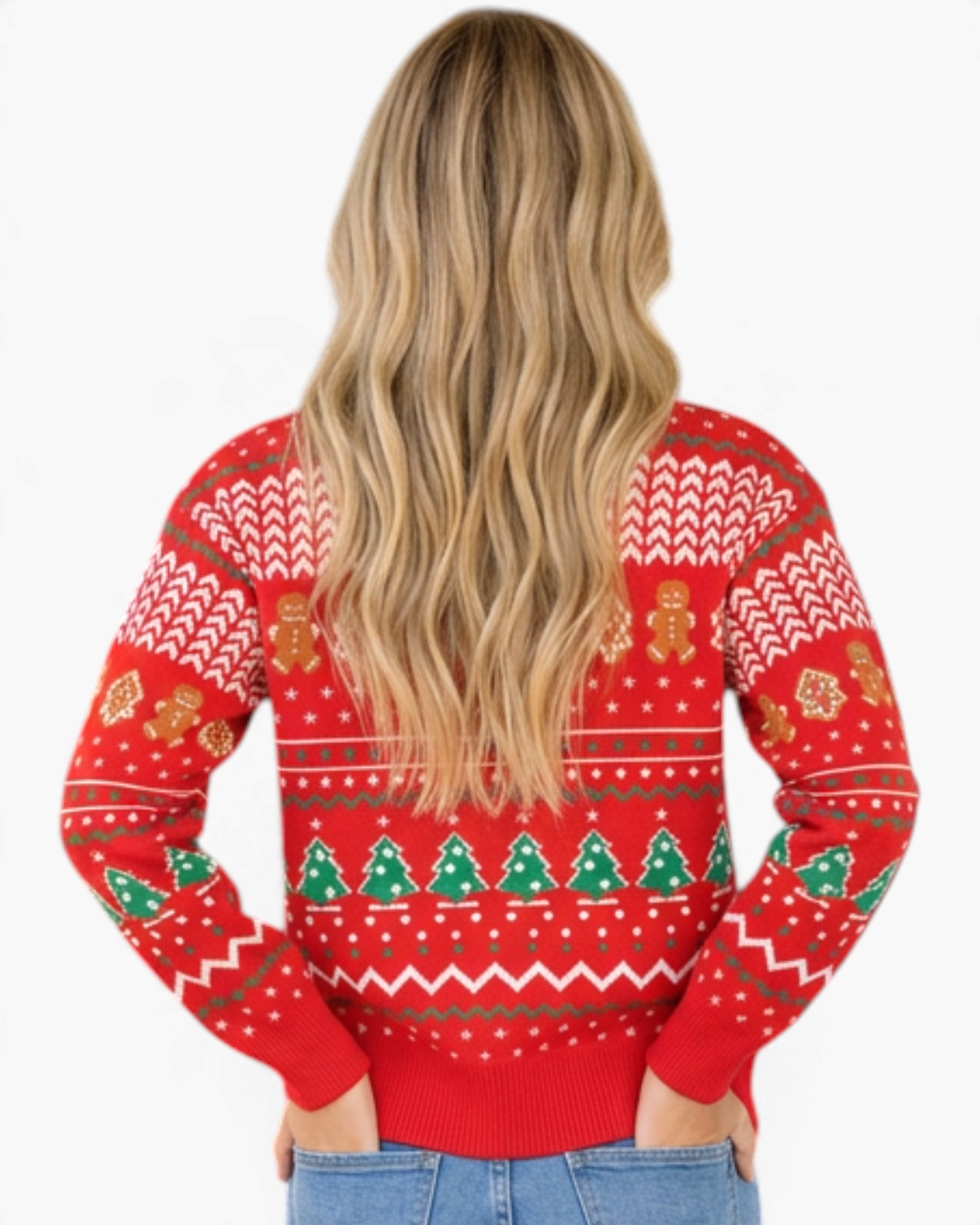 Beach Rose Co. red knit sweater featuring gingerbread men and Christmas tree patterns, viewed from the back.