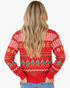Beach Rose Co. red knit sweater featuring gingerbread men and Christmas tree patterns, viewed from the back.
