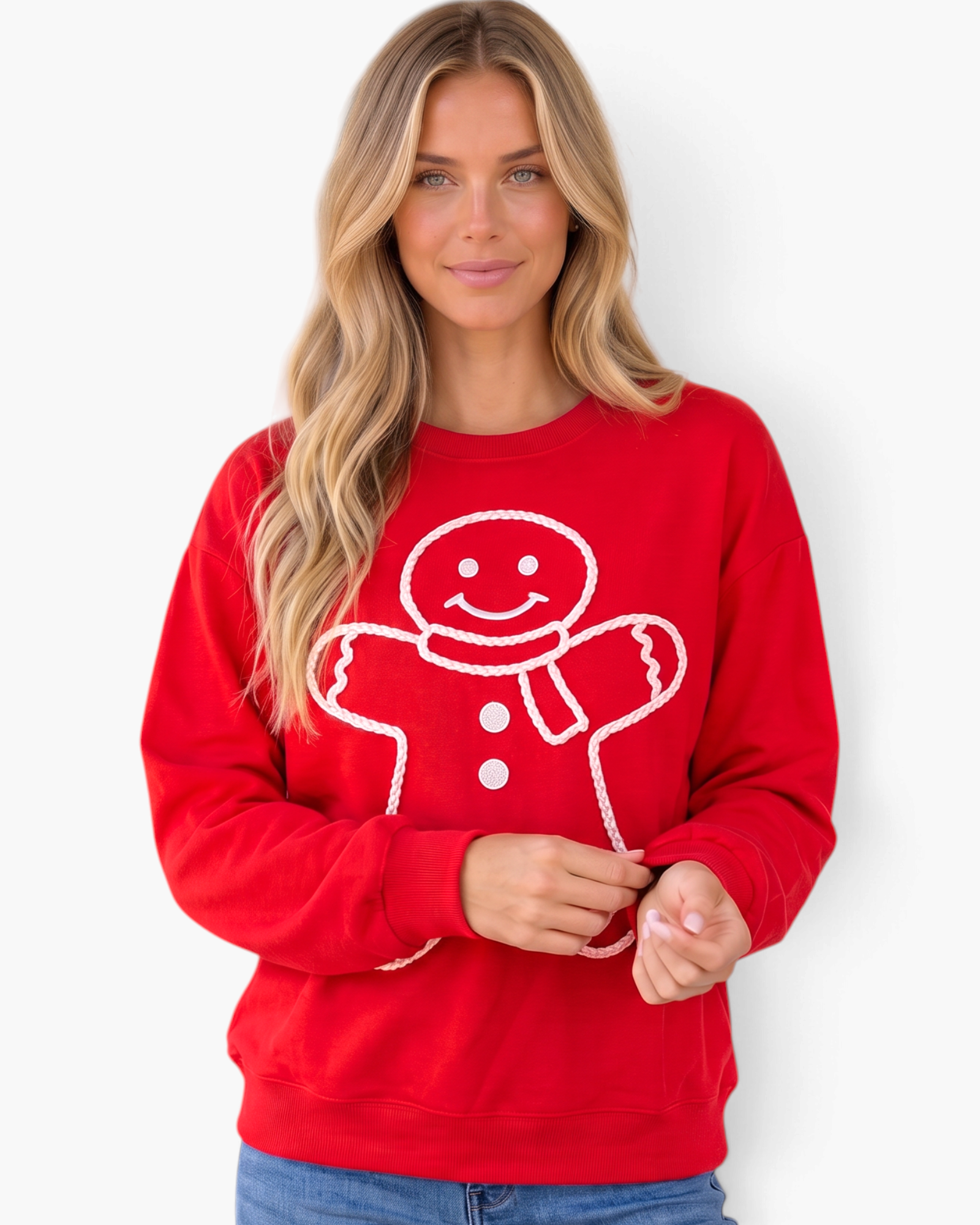 Beach Rose Co. red holiday sweatshirt featuring a smiling gingerbread man with textured cream trim and button details.