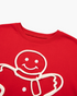 Beach Rose Co. red sweatshirt featuring a smiling gingerbread man with textured cream rope trim and button details.