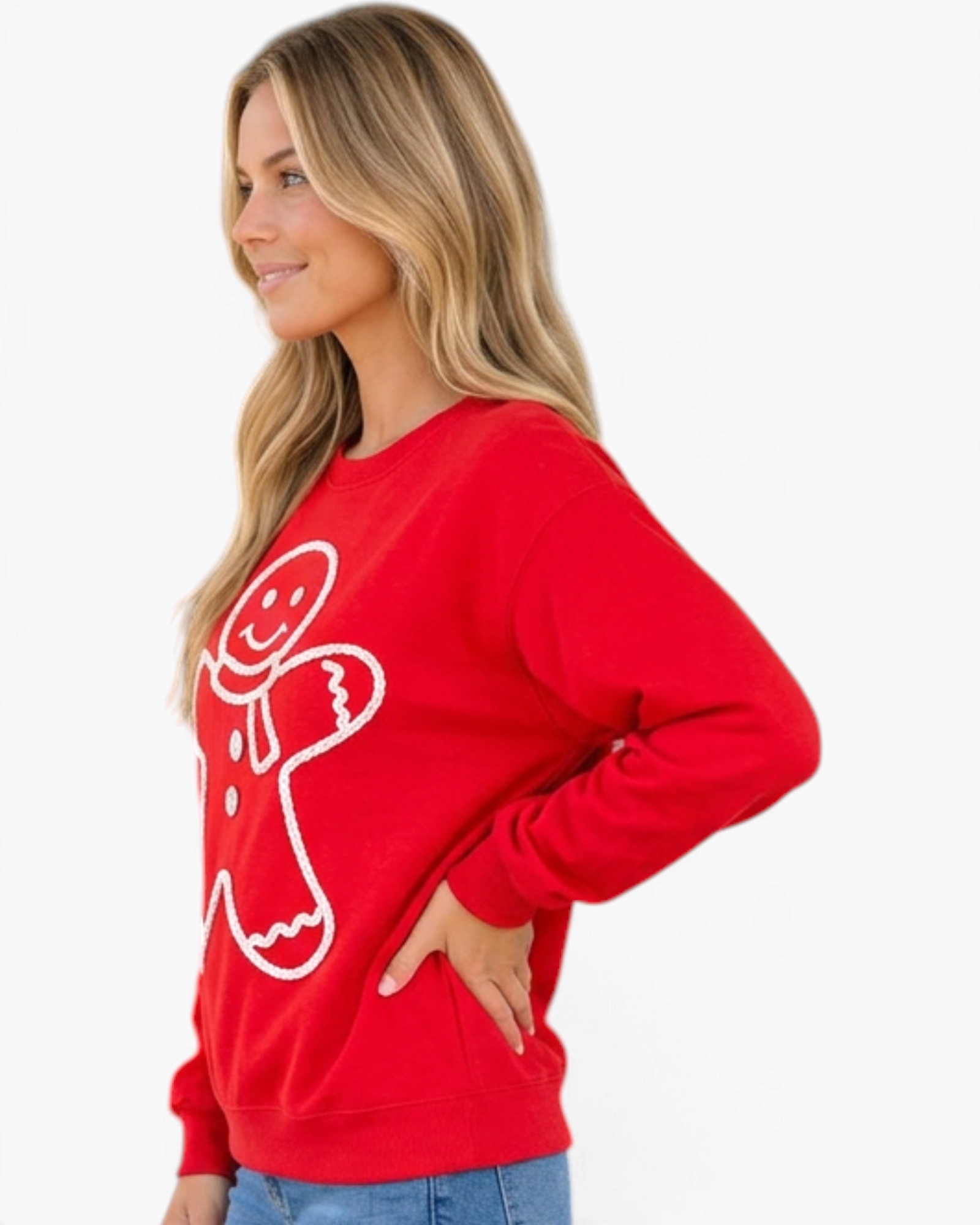 Beach Rose Co. red sweatshirt featuring a smiling gingerbread man with cream textured trim and decorative buttons.
