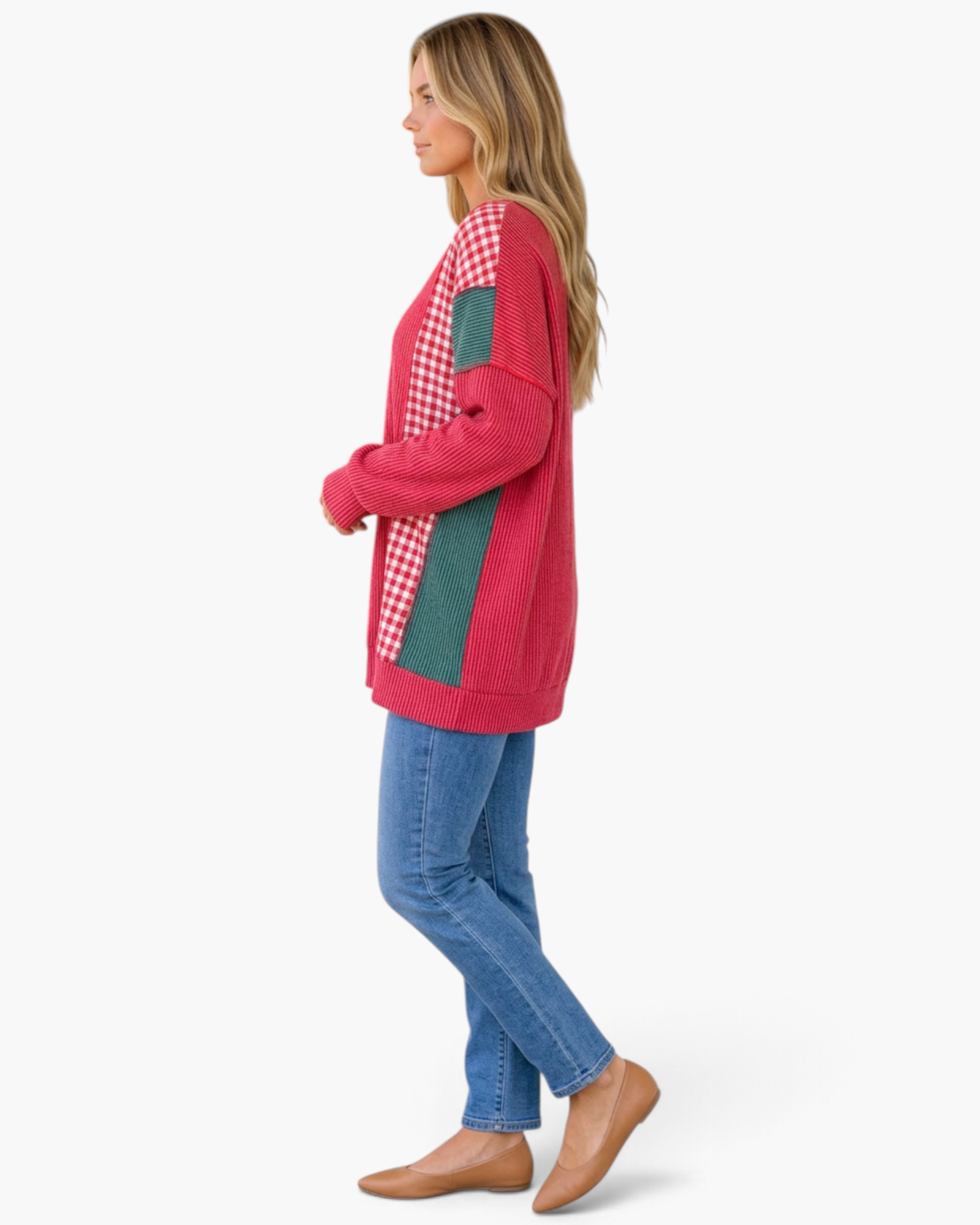 Beach Rose Co. red ribbed tunic with green and gingham patchwork panels, long sleeves, and a relaxed fit.