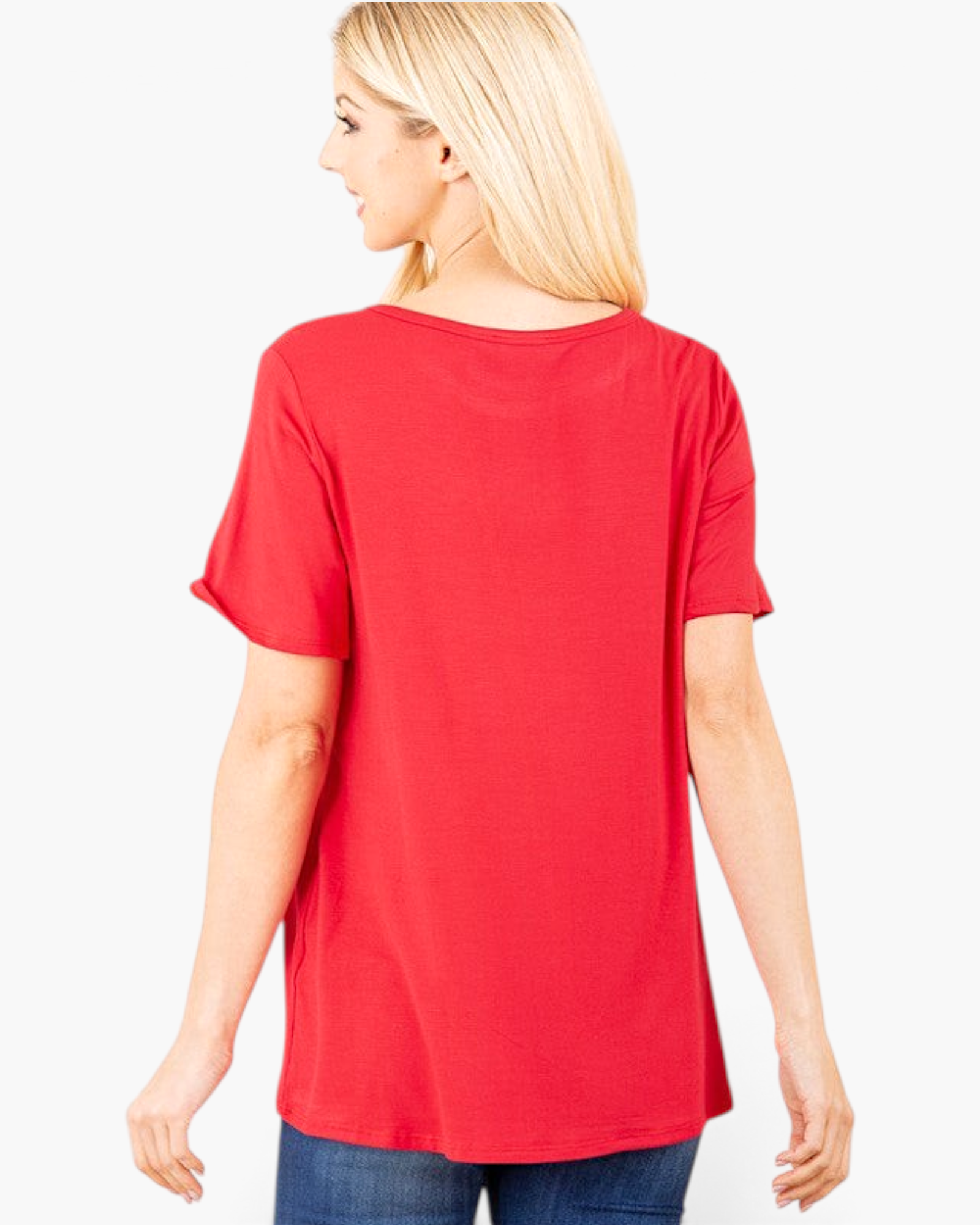 Beach Rose Co. red short-sleeve graphic tee with a relaxed fit and curved hem, shown from the back on a blonde model.