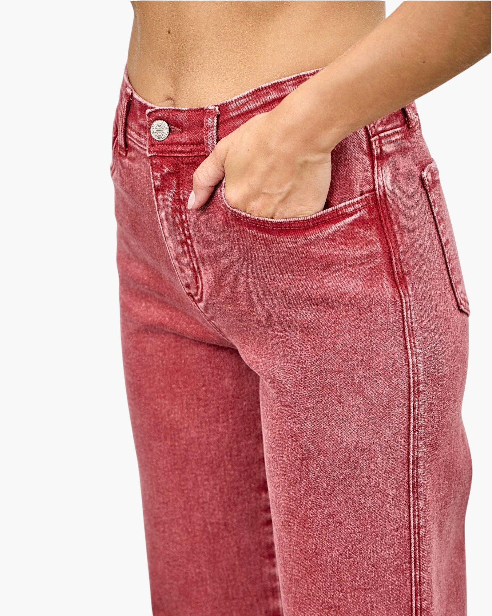 Beach Rose Co. high rise slim wide straight jeans in a faded red stretch denim with classic five-pocket styling