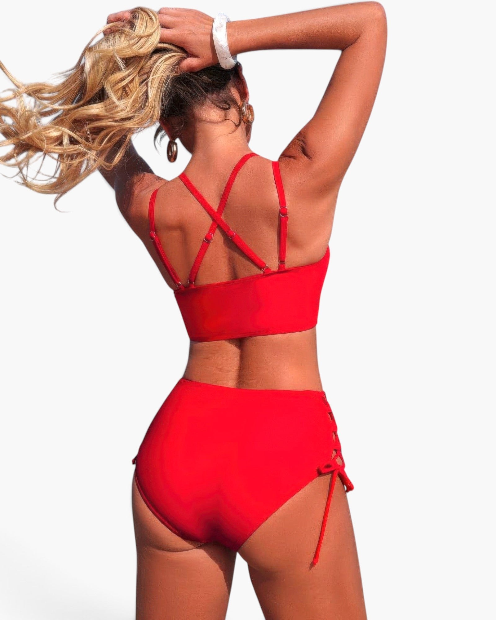 Beach Rose Co. red two-piece bikini with high-waisted bottoms, V-neck top, and stylish cross-side lace-up detailing.