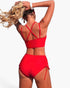 Beach Rose Co. red two-piece bikini with high-waisted bottoms, V-neck top, and stylish cross-side lace-up detailing.