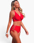 Beach Rose Co. red two-piece bikini with a V-neck top and high-waisted bottoms featuring stylish cross-side lacing.