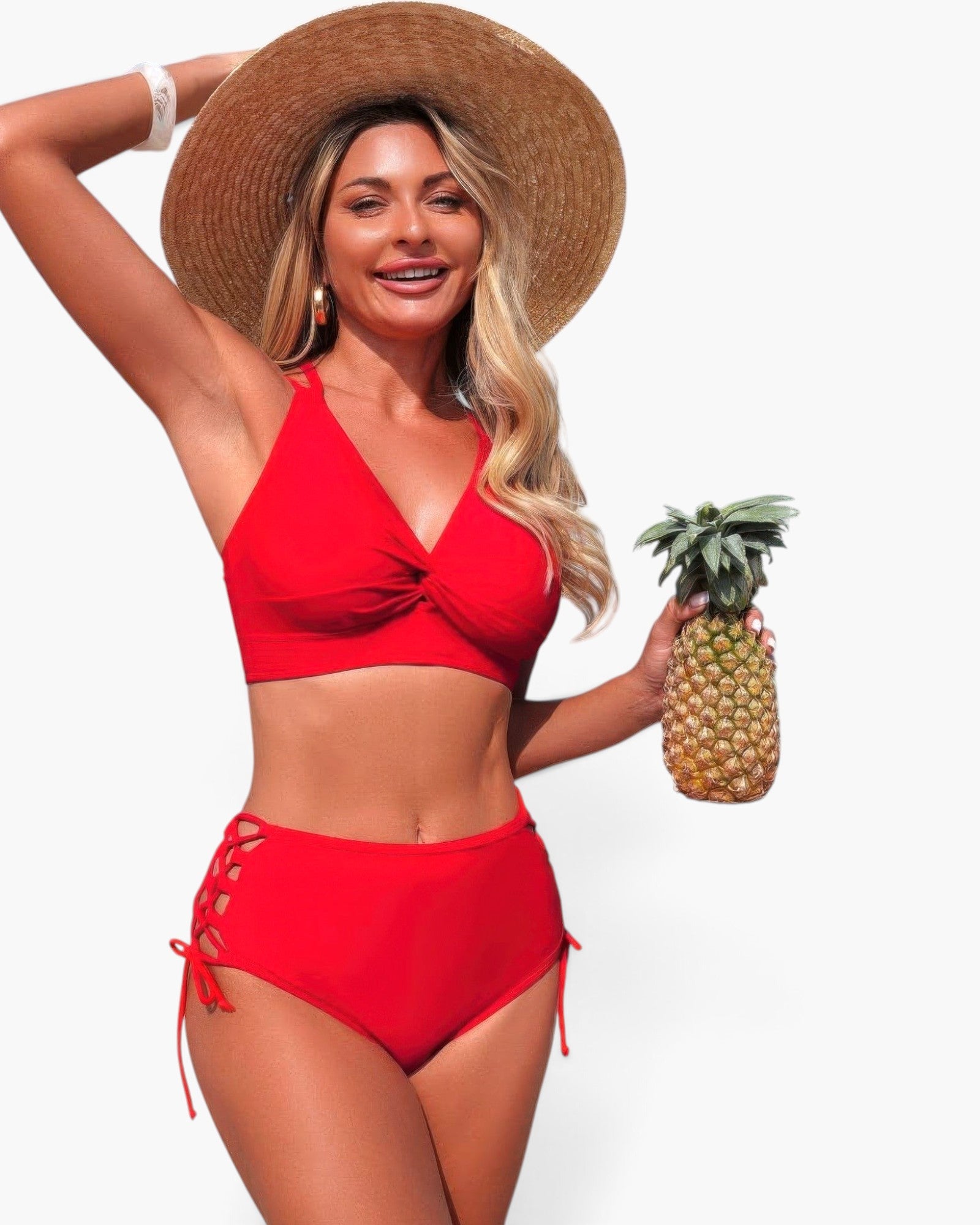 Beach Rose Co. red two-piece bikini with V-neck top and high-waisted bottoms featuring cross-side lace-up details.