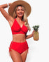 Beach Rose Co. red two-piece bikini with V-neck top and high-waisted bottoms featuring cross-side lace-up details.