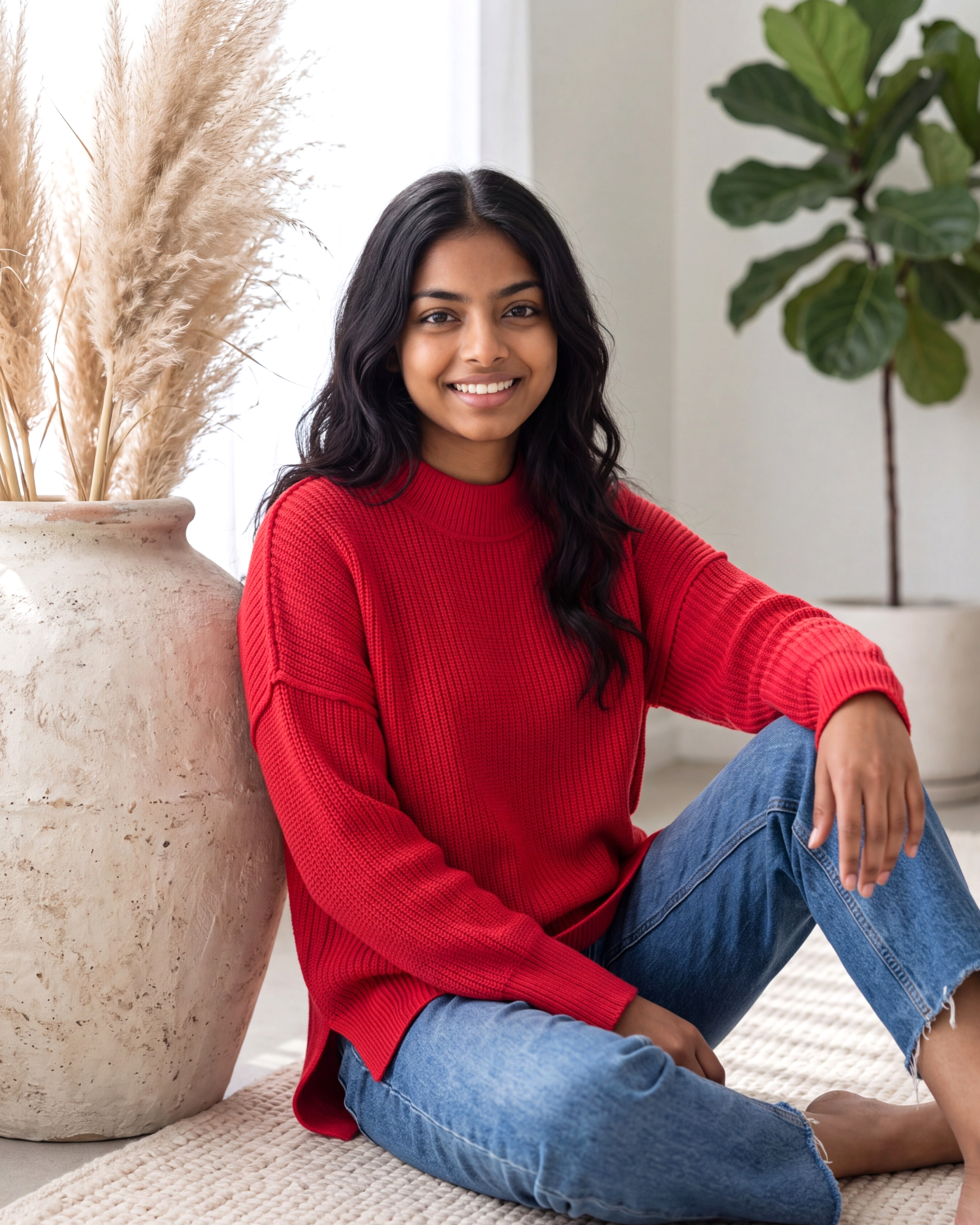 Beach Rose Co. red relaxed knit sweater with exposed seams and dropped shoulders worn by a smiling woman with jeans.