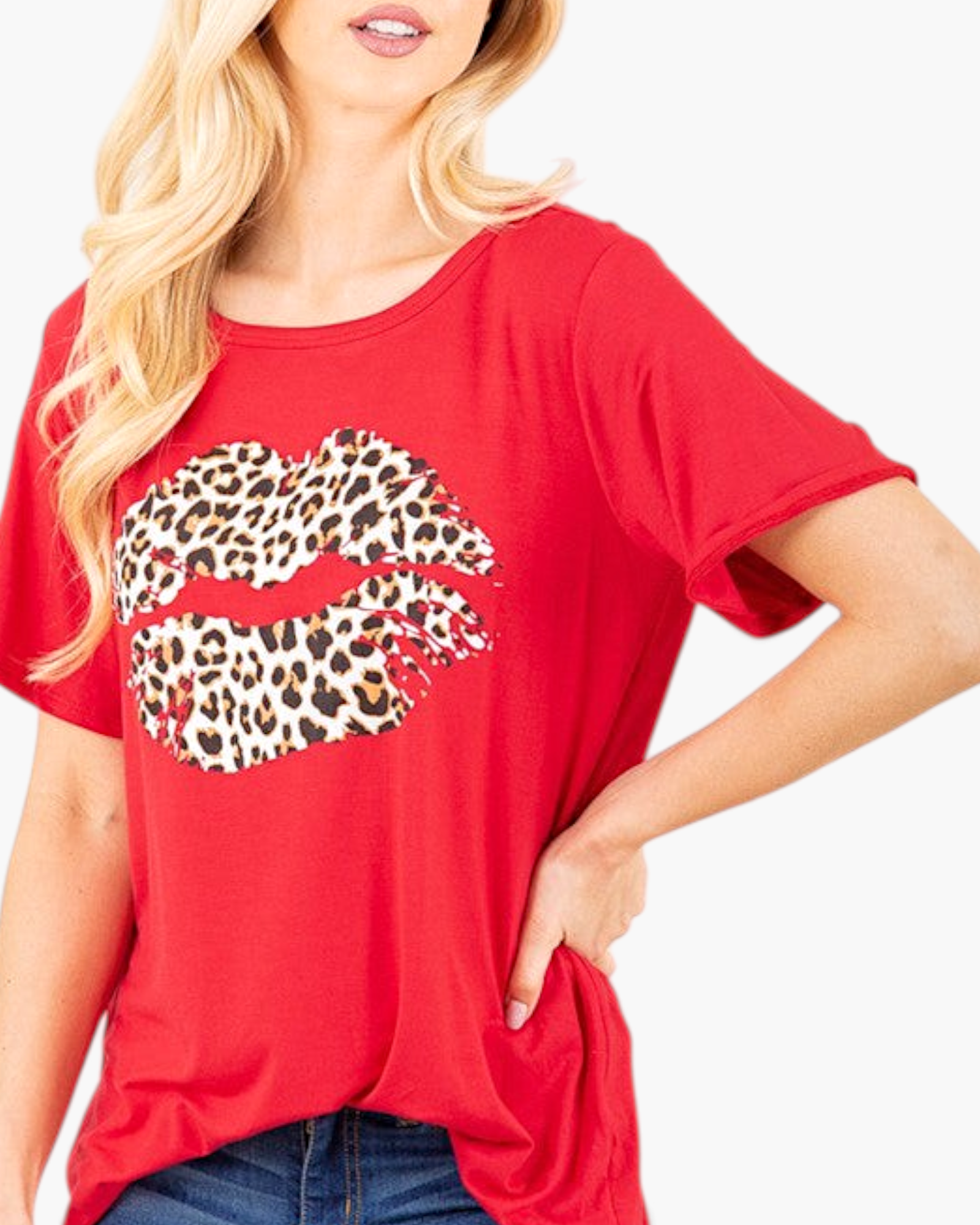 Beach Rose Co. red short-sleeve graphic tee with a leopard-print lips design, featuring a soft, relaxed fit.