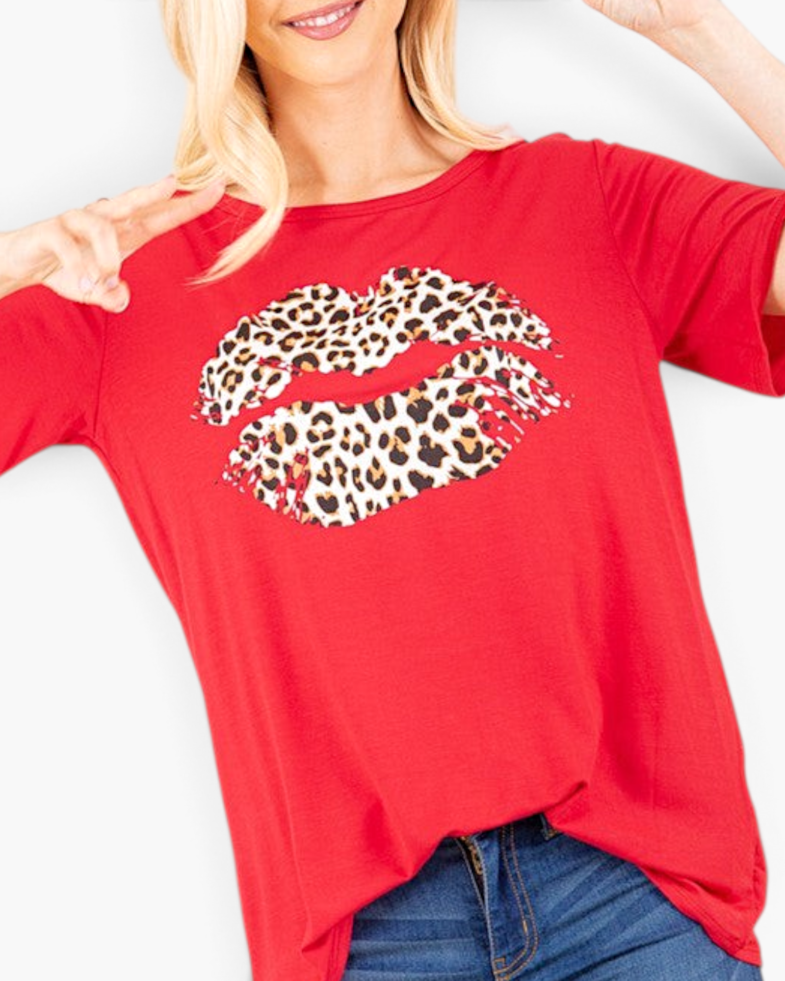 Beach Rose Co. red short-sleeve graphic tee featuring a leopard-print lips design on soft stretch rayon fabric.