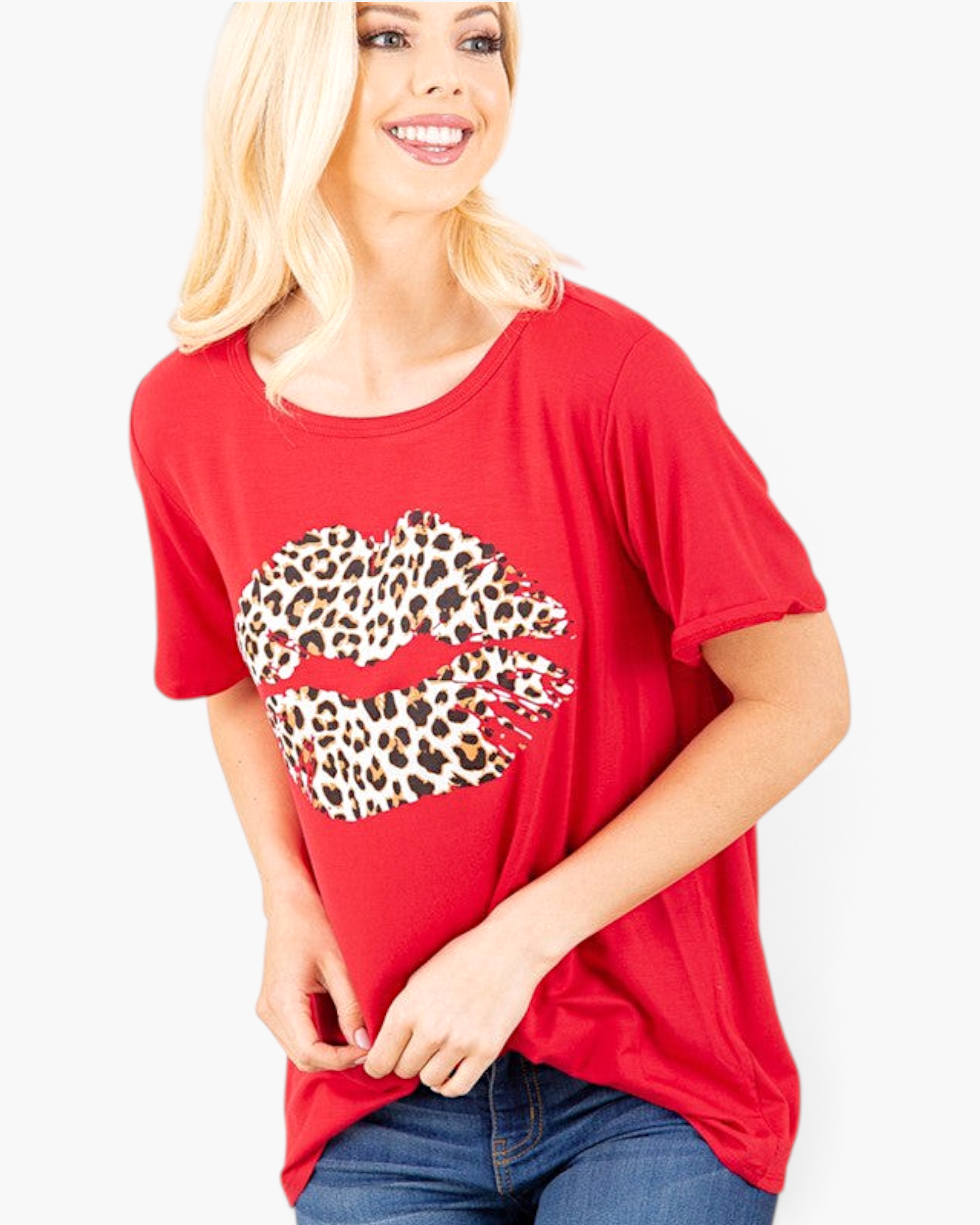 Beach Rose Co. red short-sleeve graphic tee featuring a leopard-print lips design on soft stretch rayon fabric