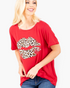 Beach Rose Co. red short-sleeve graphic tee featuring a leopard-print lips design on soft stretch rayon fabric