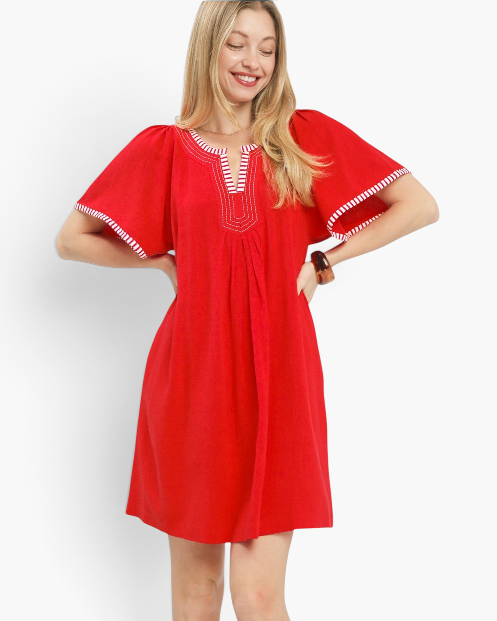Beach Rose Co. red linen-cotton mini dress with flutter sleeves, white striped trim, and a notched neckline.