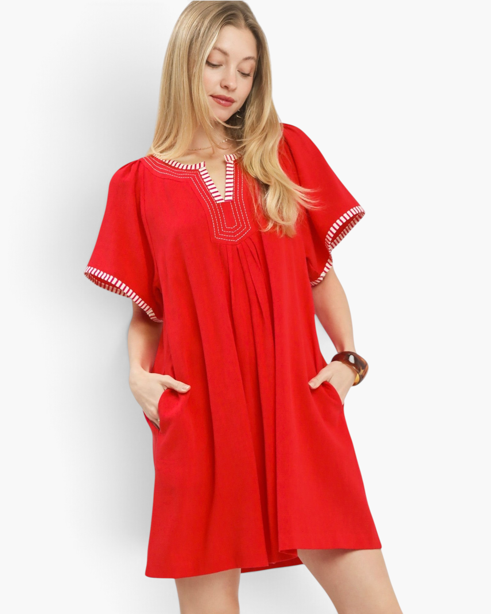 Beach Rose Co. red linen-cotton mini dress with white striped trim, flutter sleeves, and notched neckline.