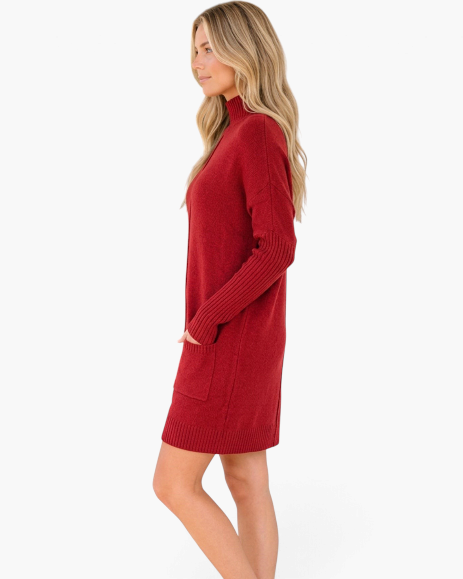Beach Rose Co. red sweater dress with a ribbed mock neck, long sleeves, and front patch pockets, side view.