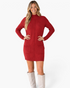 Beach Rose Co. red sweater dress with a ribbed mock neck, long sleeves, and front patch pockets on a smiling model.