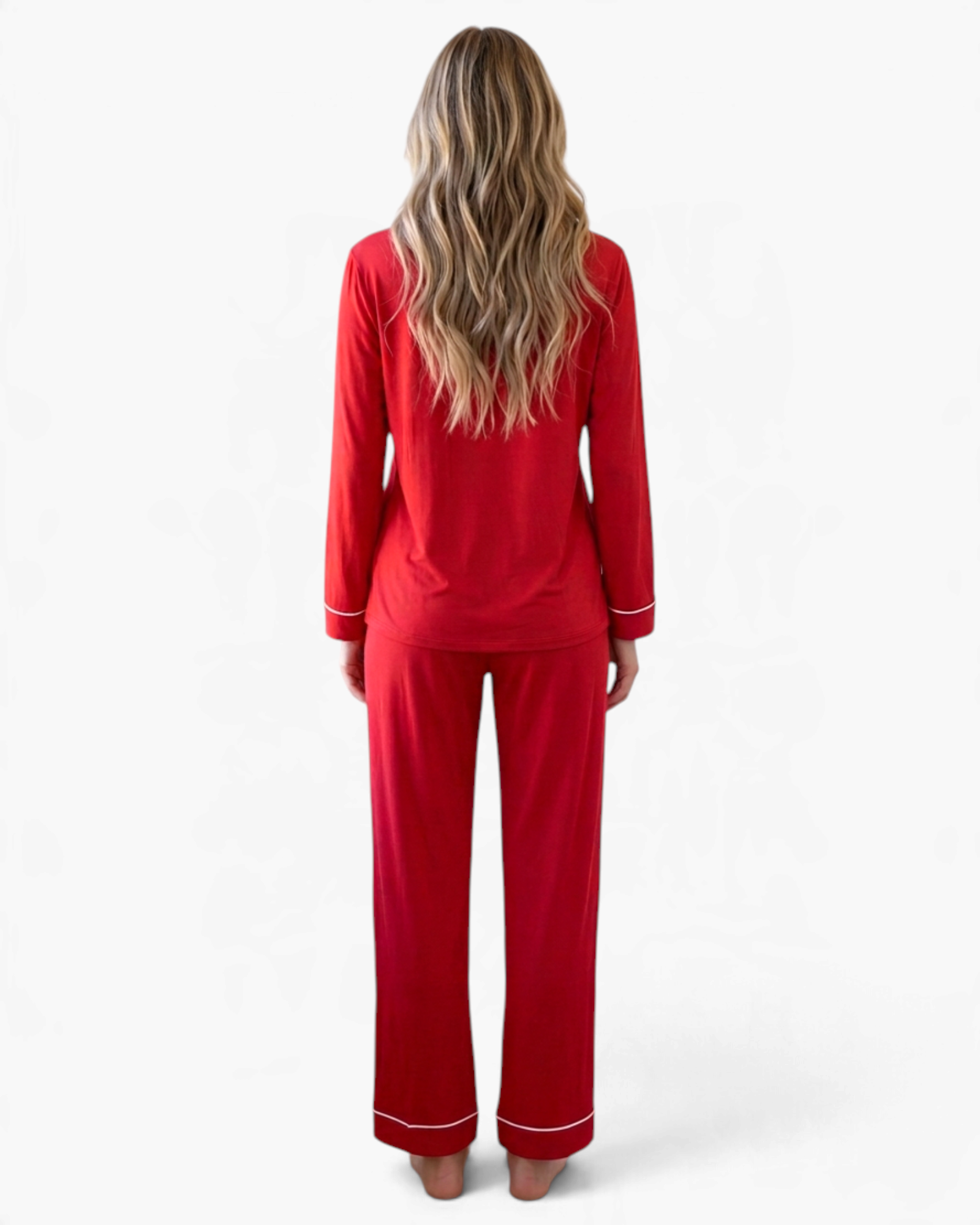 Beach Rose Co. red long-sleeve pajama set with white piping, shown from the back on a model with long blonde hair.