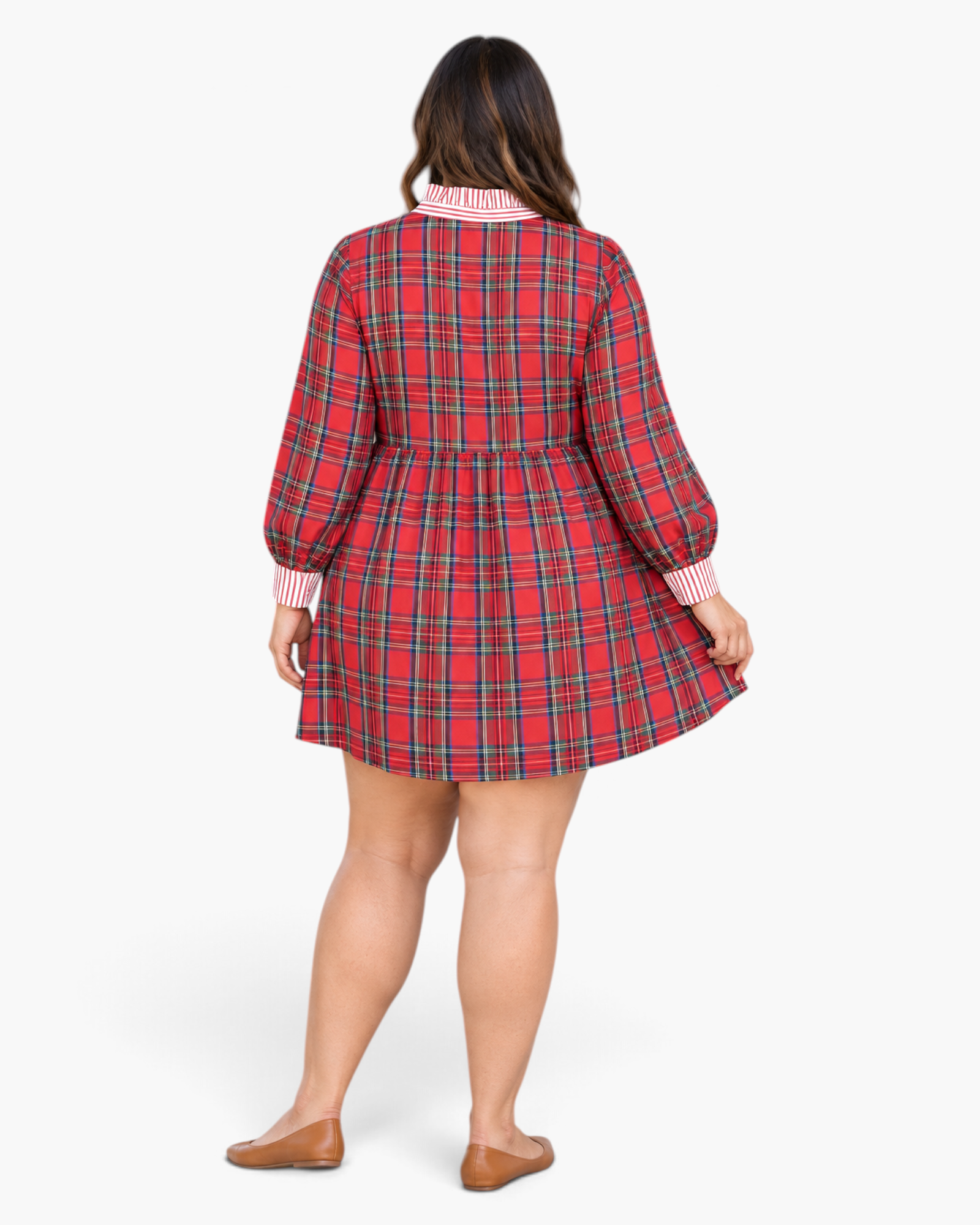Beach Rose Co. plus size red plaid dress with striped ruffled collar and cuffs, back view on a model.