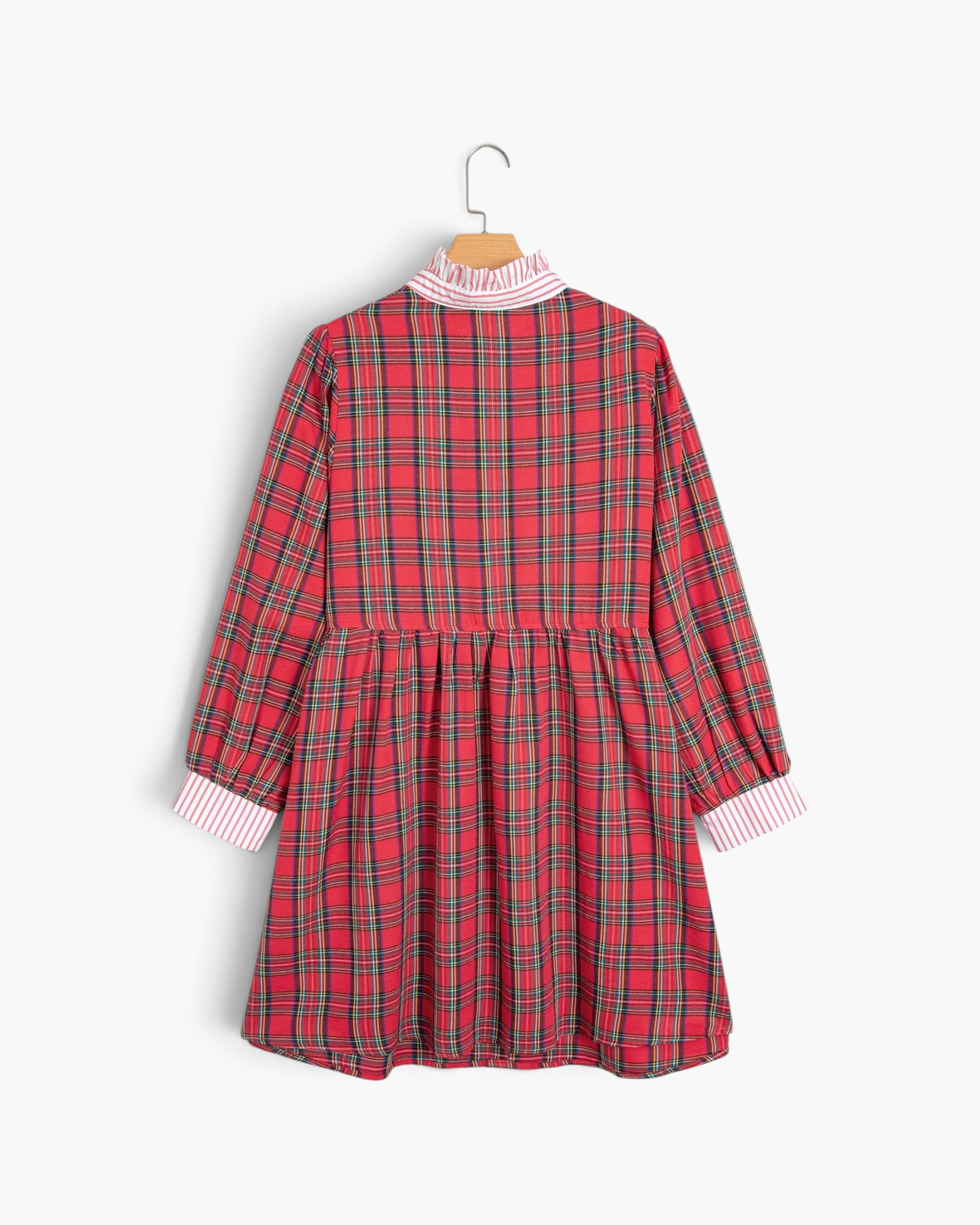 Beach Rose Co. red plaid dress featuring a ruffled striped collar and long sleeves with matching striped cuffs.