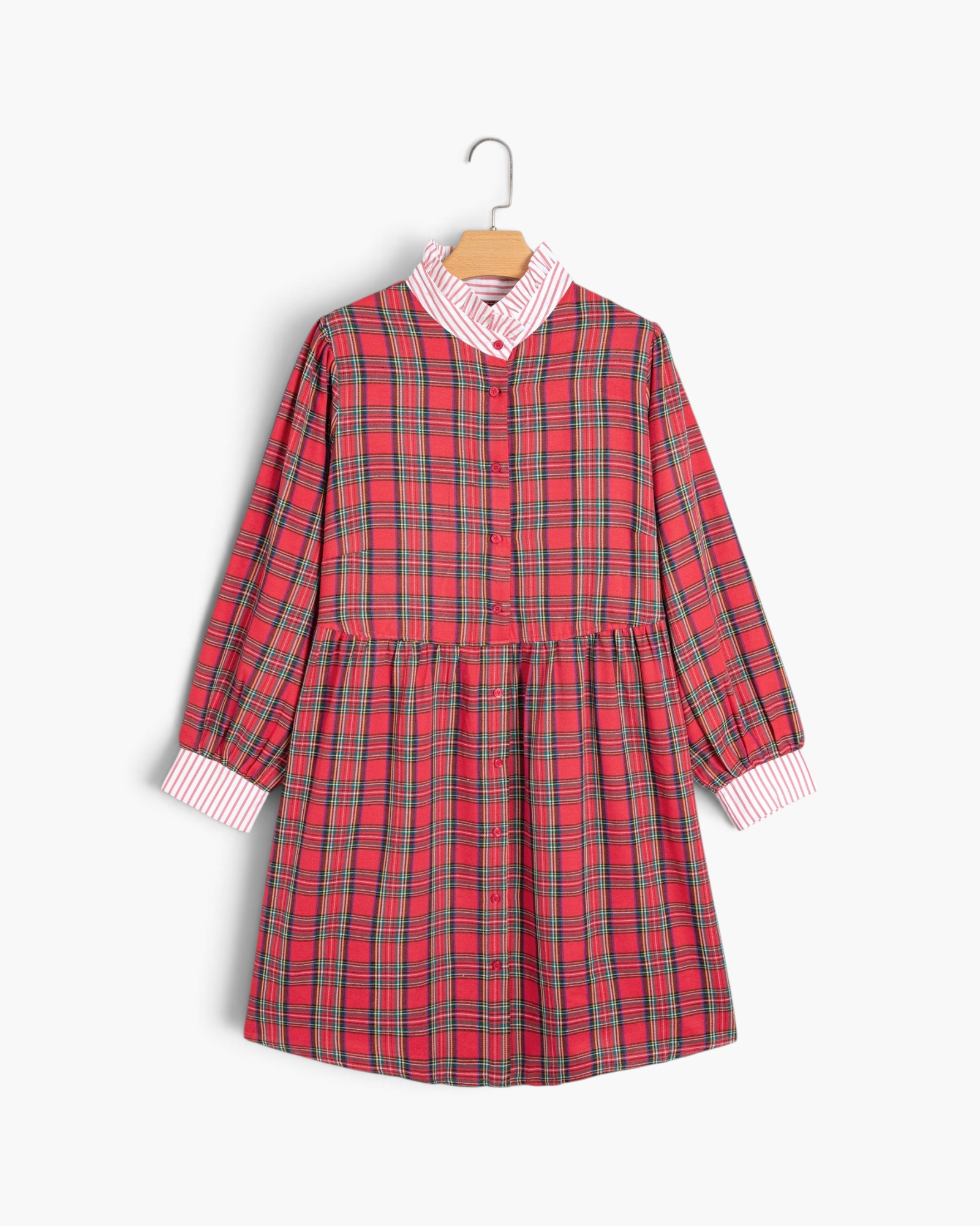 Beach Rose Co. plus size red plaid button-front dress with a ruffled striped collar and long billowy sleeves.