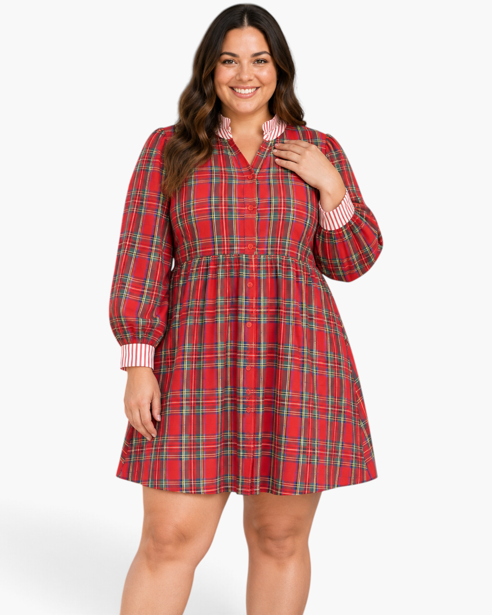 Beach Rose Co. plus size red plaid button-front dress with ruffled striped collar and long billowy sleeves