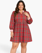 Beach Rose Co. plus size red plaid button-front dress with ruffled striped collar and long billowy sleeves
