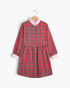 Beach Rose Co. plus size red plaid button-front dress with a ruffled striped collar and long billowy sleeves.