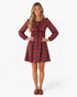 Beach Rose Co. red plaid long sleeve mini dress featuring front bow ties, puff shoulders, and a gathered skirt.